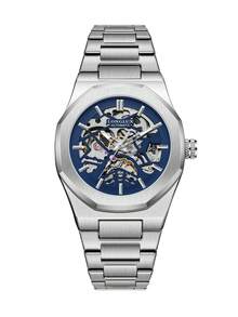 LONGLUX 1pc Men's Hollow Automatic Mechanical Watch With Butterfly Clasp Steel Band, Minimalist Fashion For Daily Wear, Holiday Gift - Blue - View 3