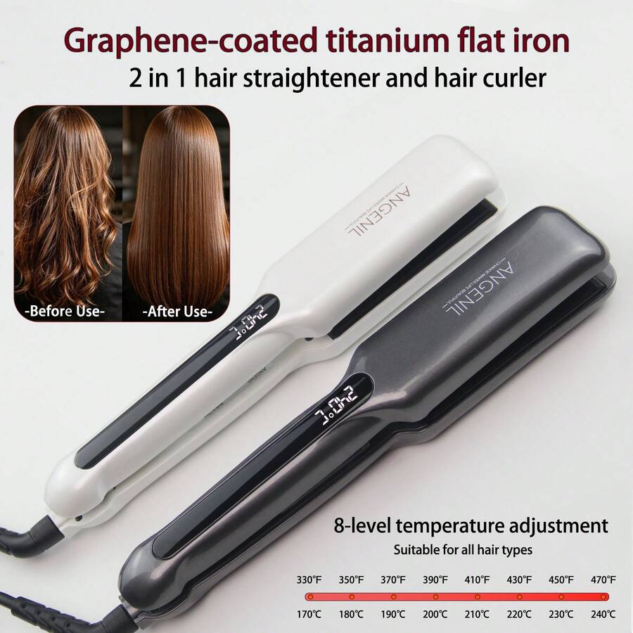 ANGENIL Professional Salon Flat Iron, Alat Pelurus dan Pengeriting Rambut 2-in-1. Dilengkapi Pelat Titanium Berlapis Grafena untuk Penataan Rambut yang Halus dan Bebas Kerusakan. Desain Tegangan Ganda, Pemanasan Cepat, dan Pengaturan Suhu yang Dapat Disesuaikan; Sempurna untuk Hadiah Liburan