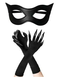 Black Cat‑Eye Mask & Long Claw Gloves Set, Halloween Cosplay Costume Accessory - Multicolor - View 1