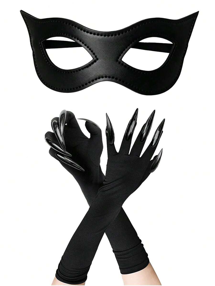 Black Cat‑Eye Mask & Long Claw Gloves Set, Halloween Cosplay Costume Accessory - Multicolor - View 1
