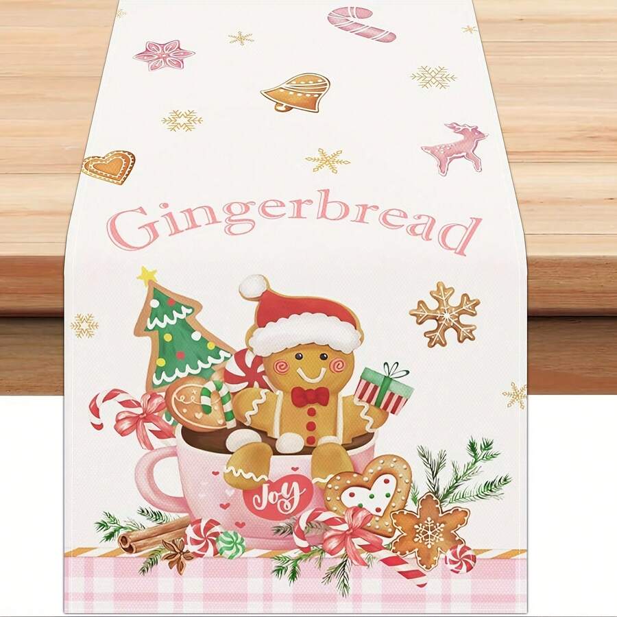 1pc Gingerbread Man Christmas Table Runner, Candy Cane Seasonal Winter Holiday Table Decor, Suitable For Kitchen Home Decoration, Gingerbread Man Theme Sweet Christmas Table Decoration - A - View 1