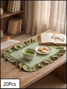 1pc Green & White Small Plaid With Olive Green Ruffle Edge Placemat, Fresh Pastoral Style Fabric Material, Rectangular Shape With Olive Green Ruffle Edge Patchwork Details, Stain-Resistant Protection For Tabletop And Decorative Enhancement, Suitable For Daily Tea Drinking And Fresh Home Decor Scenes - Green - View 13