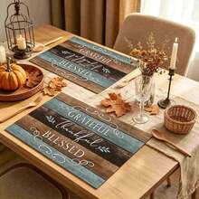 1/4/6pcs Autumn Series Blue & Brown Patchwork Distressed Wood Grain Pattern Printed Placemats, Heat Resistant Table Protector For Home Kitchen, Dining Table, Party Decor - Multicolor - View 3