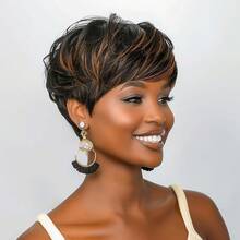 Women Short Pixie Synthetic Wig With Bangs, Black Silver Brown Highlight Heat Resistant Wig For Daily Party Use - Multicolor - View 1