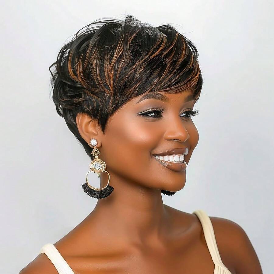 Women Short Pixie Synthetic Wig With Bangs, Black Silver Brown Highlight Heat Resistant Wig For Daily Party Use - Multicolor - View 1