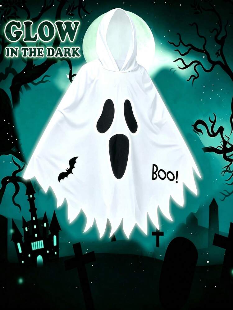 Halloween Ghost Cape Cloak Glow-In-The-Dark Ghost Face Costume Cosplay White - Multicolor - View 7