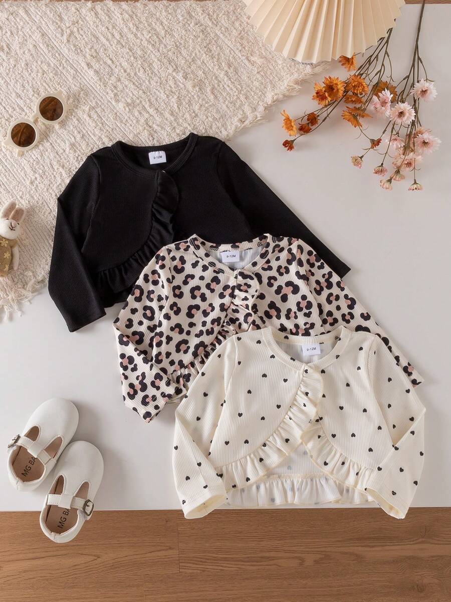 Baby Girl Spring/Autumn Fashion Versatile Ruffle Trim Cardigan, 3 Colors Available: Heart, Leopard, Solid Color Print, Single Button Short Loose Long Sleeve, Sweet And Versatile, Suitable For Baby Girl Spring/Autumn Inner Layer Or Outerwear - Black - View 1