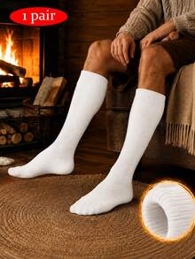 1Pair Simple Men Solid Color Knee High Sports Socks, Ribbed Cuff Thick Warm Heat Retaining Calf Knit Socks, Stretch Fit Wear Resistant Ins Outdoor - Multicolor - View 4