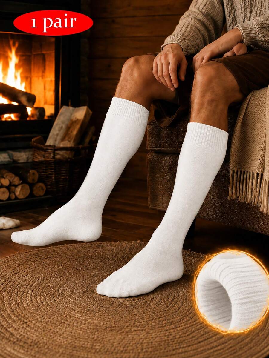 1Pair Simple Men Solid Color Knee High Sports Socks, Ribbed Cuff Thick Warm Heat Retaining Calf Knit Socks, Stretch Fit Wear Resistant Ins Outdoor - Multicolor - View 1