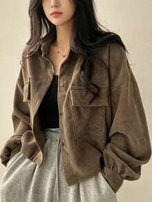 YUXIN Women's Autumn Vintage Short Corduroy Jacket, Lapel Button-Up Cardigan, Multi-Functional Practical Pockets, Drawstring Adjustable Hem, Casual Loose Fit, Elegant Everyday Top - Khaki - View 3