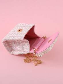 1 buah Tas Tangan Anak-anak dengan Hiasan Pita Mutiara, Bahan PU Motif Garis Warna Polos, Penutup Lipat, Tas Selempang Rantai Modis untuk Anak Perempuan, Cocok untuk Hadiah Liburan dan Kegiatan Sehari-hari - berwarna merah muda - View 3