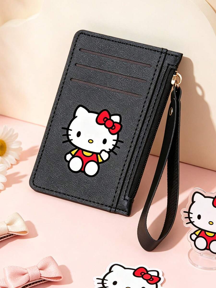 SANRIO Hello Kitty Print PU Leather Slim Card Holder Wallet With Wristband, Multi Slot ID Case & Side Zipper Coin Pocket, Lightweight Mini Clutch For Women - Multicolor - View 1