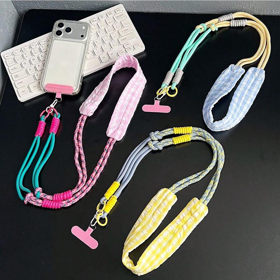 1pc Niche Design Dopamine Colorblock Cotton Fabric Multifunctional 3-In-1 Camera Strap Long Phone Lanyard Phone Chain - Multicolor - View 1