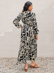 Rusttydustty Plus Size Women's Black & White Floral Print Long Dress, Long Sleeve V-Neck Layered Bohemian Style Autumn/Winter Dress, Suitable For Halloween - Black and White - View 7