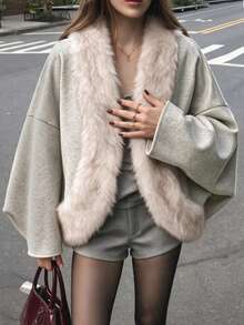 Faux Fur Collar Loose Wool Coat, Casual Stylish Daily Home Streetwear Jacket, Faux Fur Winter Style - Apricot - View 2