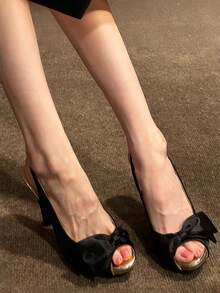 歐美復古時尚編織鏤空露趾單帶女款涼鞋，防水厚底粗跟高跟鞋 - 黑色 - 查看 8