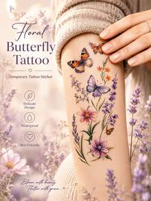 Floral Butterfly Temporary Tattoo Sticker, Colorful Butterfly And Wildflower Design, Romantic Botanical Fake Tattoo For Women, Waterproof Long Lasting Body Art Decal, Nature Inspired Flower Tattoo, Elegant Spring Garden Style Temporary Tattoo - Multicolor - View 2
