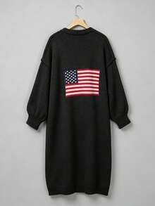 Cardigan Rajut Panjang Ukuran Plus Wanita, Sweater Lengan Panjang Leher V dengan Bahu Longgar, Cocok untuk Dipakai di Musim Gugur/Musim Dingin - Hitam - View 8
