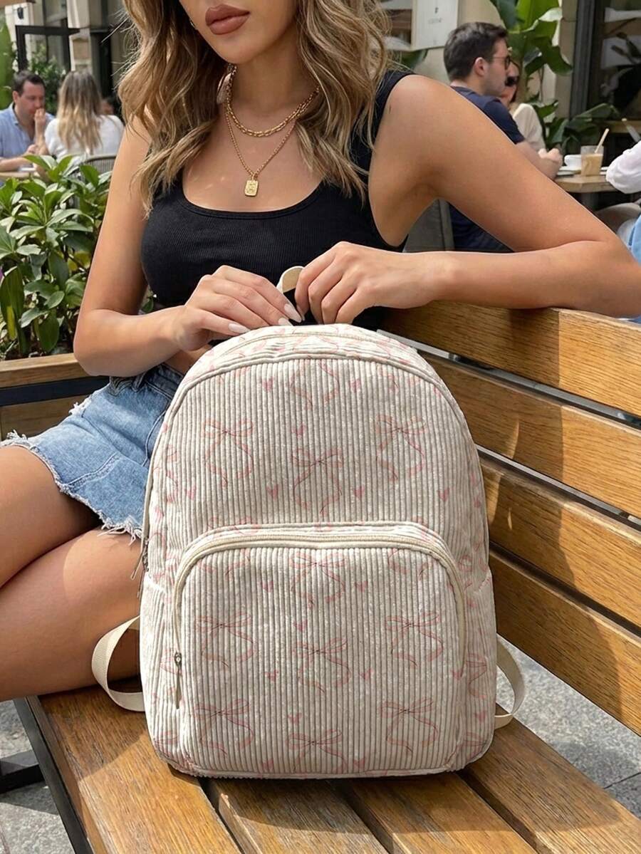 1 Piece Backpack, Women's Mini Backpack, Corduroy Girl's School Bag, Travel Storage Bag, Bow‑Printed Design, Large‑Capacity Foldable Easy‑To‑Store Bag, Lightweight And Pressure‑Relieving, Multi‑Pocket Layered Design With Zipper Closure - Heart Bow 23631 - View 1
