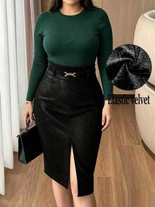 Women's Elegant Velvet Embossed Wrap Skirt With Lining, High Waist Slit With Metal Buckle, Suitable For Daily Wear, Dates And Parties, Autumn, Polyester - Black - View 1