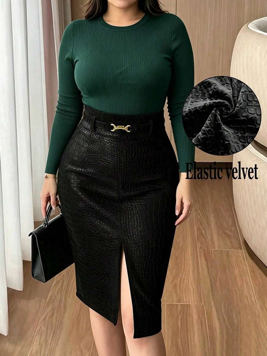 Women's Elegant Velvet Embossed Wrap Skirt With Lining, High Waist Slit With Metal Buckle, Suitable For Daily Wear, Dates And Parties, Autumn, Polyester - Black - View 1