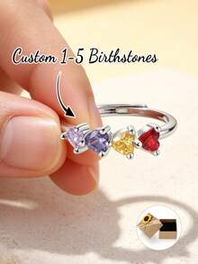1pc Heart-Shaped Birthstone Ring, Minimalist Double Birthstone Ring, Customizable Stackable Ring, Christmas Gift, Gift For Mom, Birthday Gift For Her. - Silver - View 1
