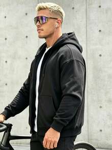 Men's Casual Black Cargo Zip-Up Hoodie With Drawstring Hood And Kangaroo Pocket, Soft Fabric - Black - View 5