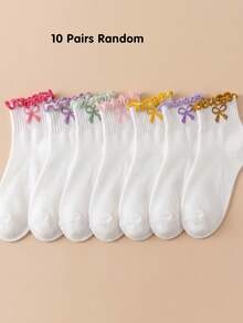 5/10/20 Pairs Random White Girls Butterfly Embroidery Bow Ruffle Socks, Back To School Season Big Girls Autumn Socks, Daily Wear, Halloween, Christmas - Multicolor - View 18