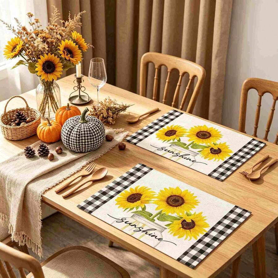 1/4/6pcs Autumn Series Black & White Plaid Border Glass Jar Sunflower Pattern Printed Placemats, Heat Resistant Table Protector For Home Kitchen, Dining Table, Party Decor