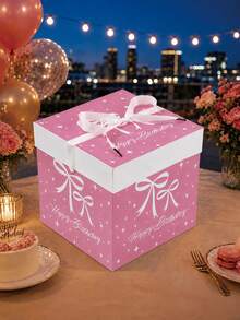 1Pc Pink Bow Knot Birthday Gift Box With Lid & Ribbon, 22*22*22cm Square Party Favor Box For Girls Birthday Gift Wrapping Decor - Ribbon Bow Gift Box With Lid (Includes Ribbon) - View 5