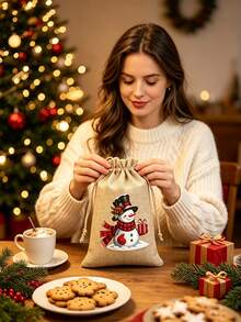 5/12pcs Christmas Burlap Gift Bags, Christmas Gift Bags, Reusable Drawstring Bags, 5 Christmas-Themed Designs Randomly Shipped, Suitable For Christmas Party Favors, Birthday Gifts, Christmas Tree Decorations - Type a - View 3