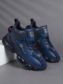 Men's Navy High‑Top Air Cushion Sneakers, Faux Leather Spliced Shock‑Absorbing Non‑Slip Outdoor Running Shoes - Navy Blue - View 3