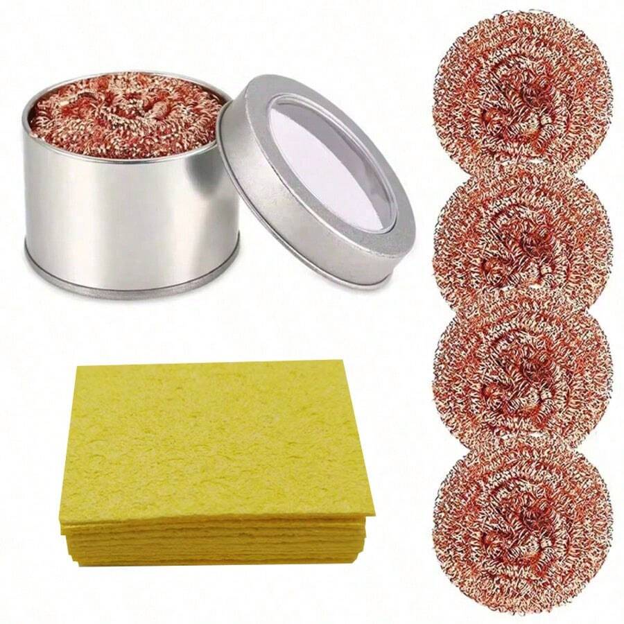 1 Set, Soldering Iron Desoldering Ball + Soldering Iron Cleaning Sponge, Soldering Iron Tip Cleaning Tool - Brown - View 1