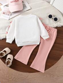 Bhchntiy 2pcs Baby Girl Autumn/Winter New Style Mom Is My Best Friend Colorful Letter Print Bow Ribbon Crew Neck Sweatshirt And Pants - White - View 3