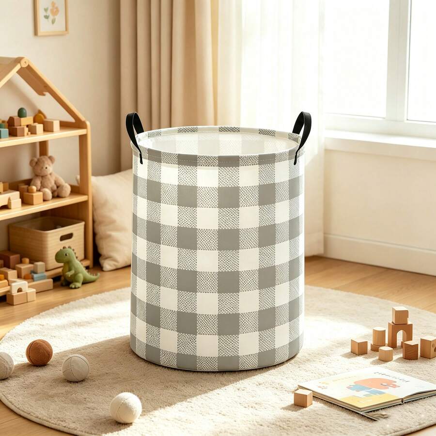 1PC Grey White Buffalo Plaid Storage Basket With Handles, Classic Checkered Pattern Organizer Bin, Multi-Purpose Storage For Clothes Toys Blankets Sundries, Perfect For Bedroom Living Room Dorm Office, Great Gift For Mom, Home And Room Decor - View 1