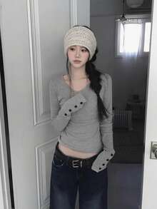 Kaos Dalaman Lengan Panjang Slim Fit Leher V Musim Gugur - Grey - View 8