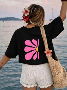 Women's Plus-Size Clothing: T-Shirt With A Geometric Pattern On The Front And Back, Suitable For Casual Holidays; Relaxed Fit, Short Sleeves - Black - View 3