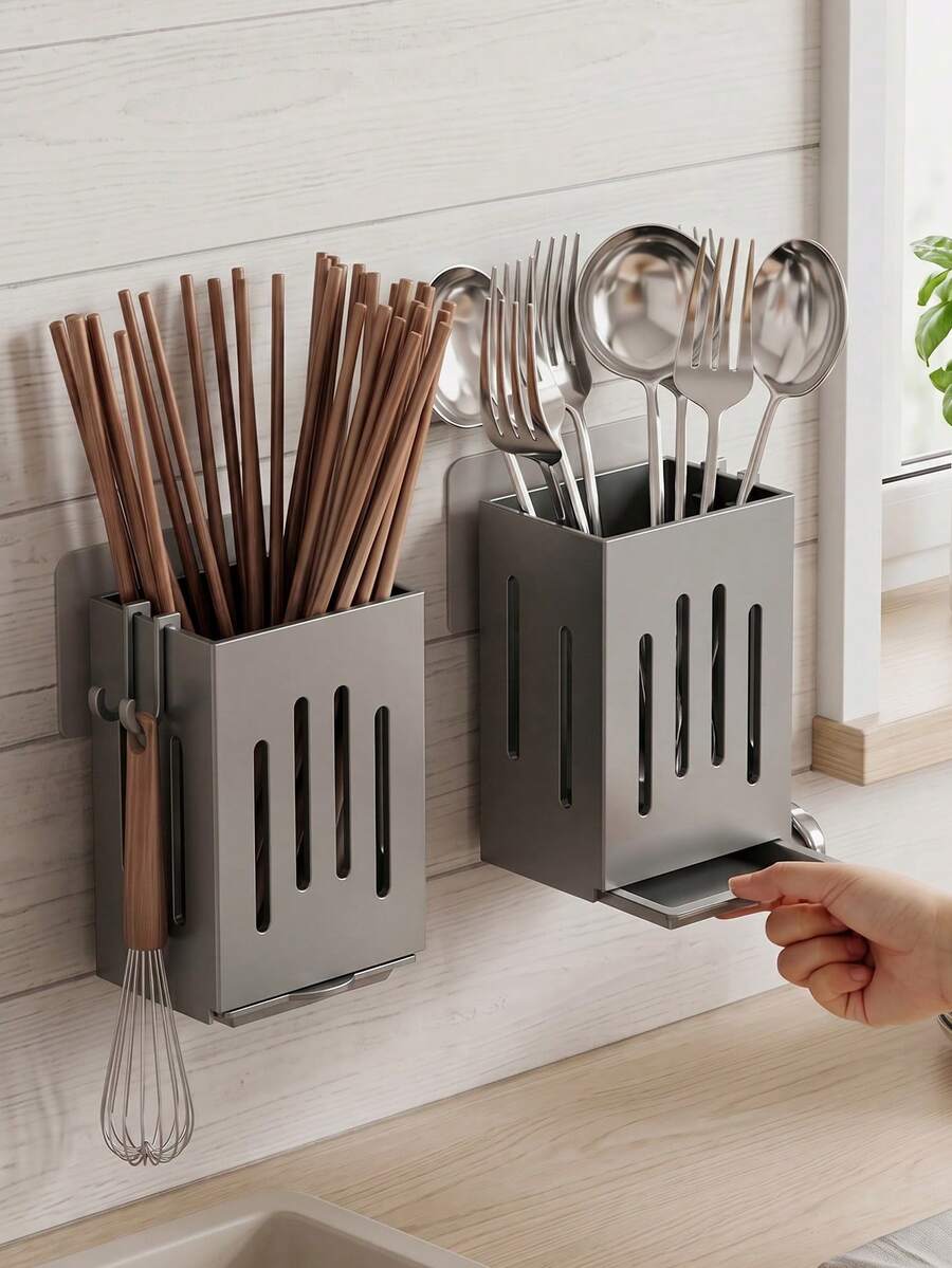 Kitchen Utensil Storage Rack, Dish Drainer, Chopstick Holder, Spoon Organizer Box, Multi-Functional Built-In Draining Storage Box, Home Chopstick Rack, Kitchen Utensil Rack, Sink Knife Fork Spoon Storage Rack - Multicolor - View 1