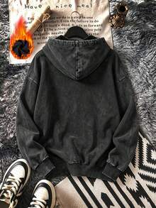 Sweatshirt berkerudung wanita untuk musim gugur/musim dingin, dengan efek usang dan dicuci, dilengkapi tali serut dan saku, longgar dan nyaman, kasual dan mudah dipadukan. - Hitam - View 2