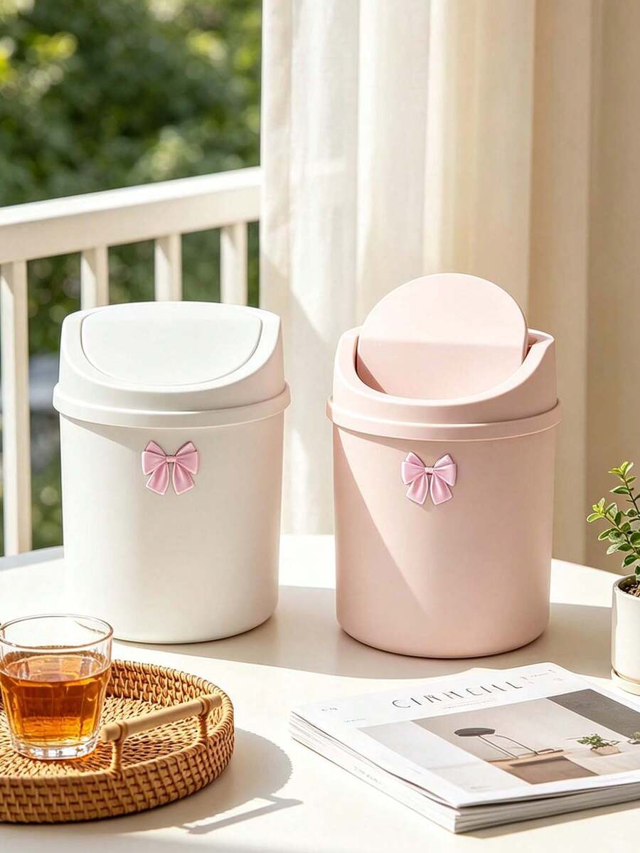 Cute Desktop Trash Can With Bow Decor,Mini Table Waste Bin,Portable Countertop Garbage Bucket,Flip Cover With Lid,For Bedroom,Dorm,Office,Makeup Desk,Countertop,Home Essentials,Unique Birthday Gift,Back-To-School Gift,Holidays Gift,Parties Gift - A - View 1
