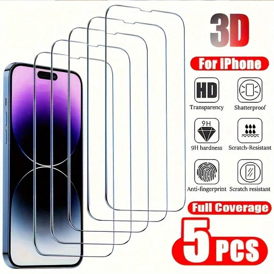 5 buah Pelindung Layar Kaca Tempered Definisi Tinggi Anti-Sidik Jari Pelindung Layar Cakupan Penuh Kompatibel dengan Seri 18 Pro Max/18 Pro/18/Ultra/Air/17/16 Plus/15/14 Plus - Clear - View 1