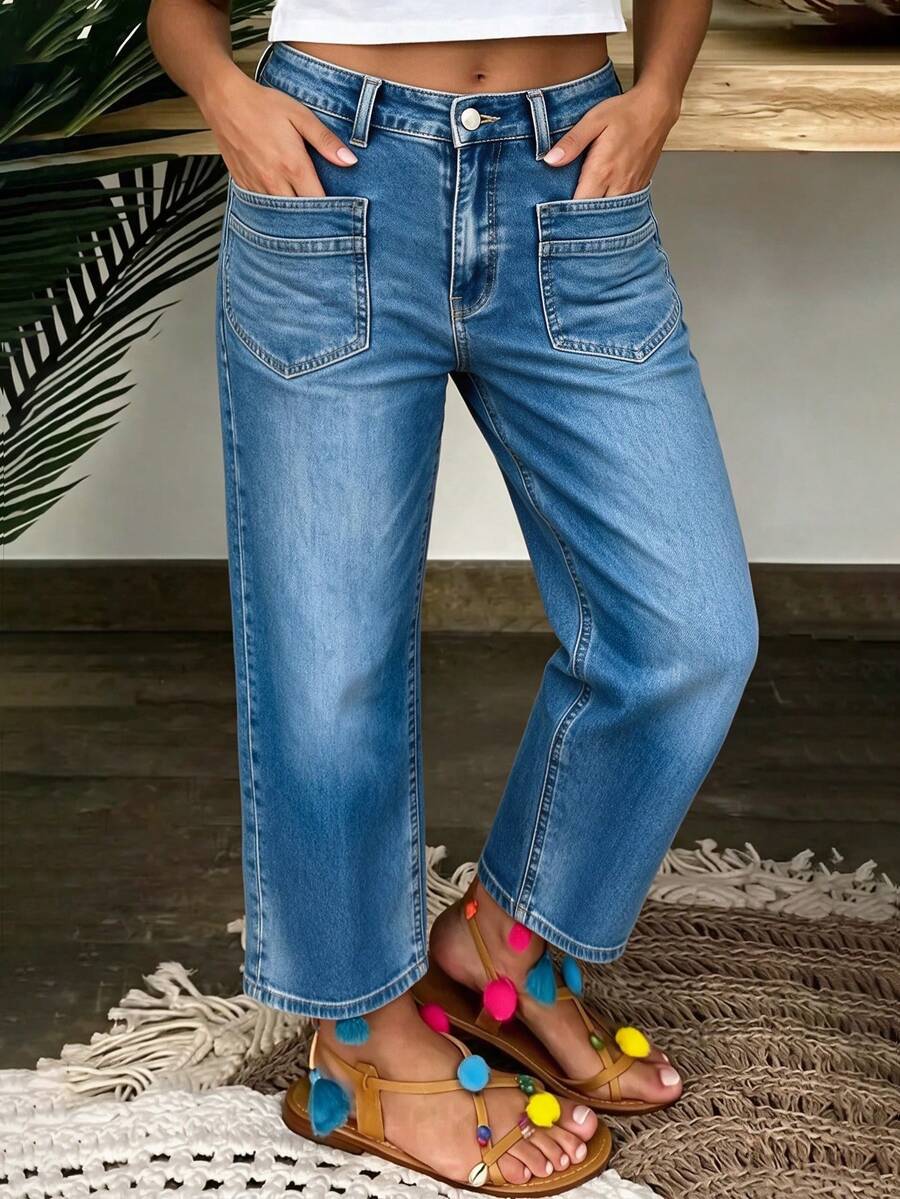 Celana Jeans Wanita Nyaman, Modis, Motif Kumis Kucing Biru, Model Sobek, Elastis, Kasual, Potongan Pendek, Kaki Lebar, Cocok untuk Liburan Musim Gugur - Biru - View 1