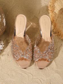 On feet& in love Women's Summer Fashion Elegant Rhinestone Open Toe High Heel Sandals, Versatile Commute High Heel Slippers Suitable For Matching With Dresses - Champagne - View 2