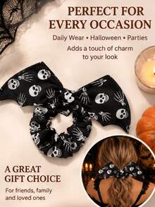 1pc Halloween Large Bat Wing Headband With Scary Pumpkin Bat Tombstone Pattern Witch Spider Web Print Hip-Hop Style Big Round Design, Soft Comfortable Fashionable Styling For Back Bun High Ponytail Medium Long Hair Tie, Suitable For Halloween Party And Holiday Gift Multi-Functional Accessory - Multicolor - View 3