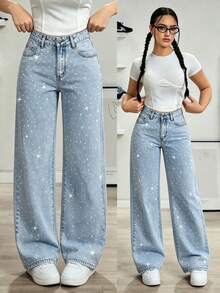 Teen Girl's Loose Fit Washed Wide Leg Pants With Rhinestone Embellishment, Casual Long Pants, Versatile For Daily Wear - Light Wash - View 1