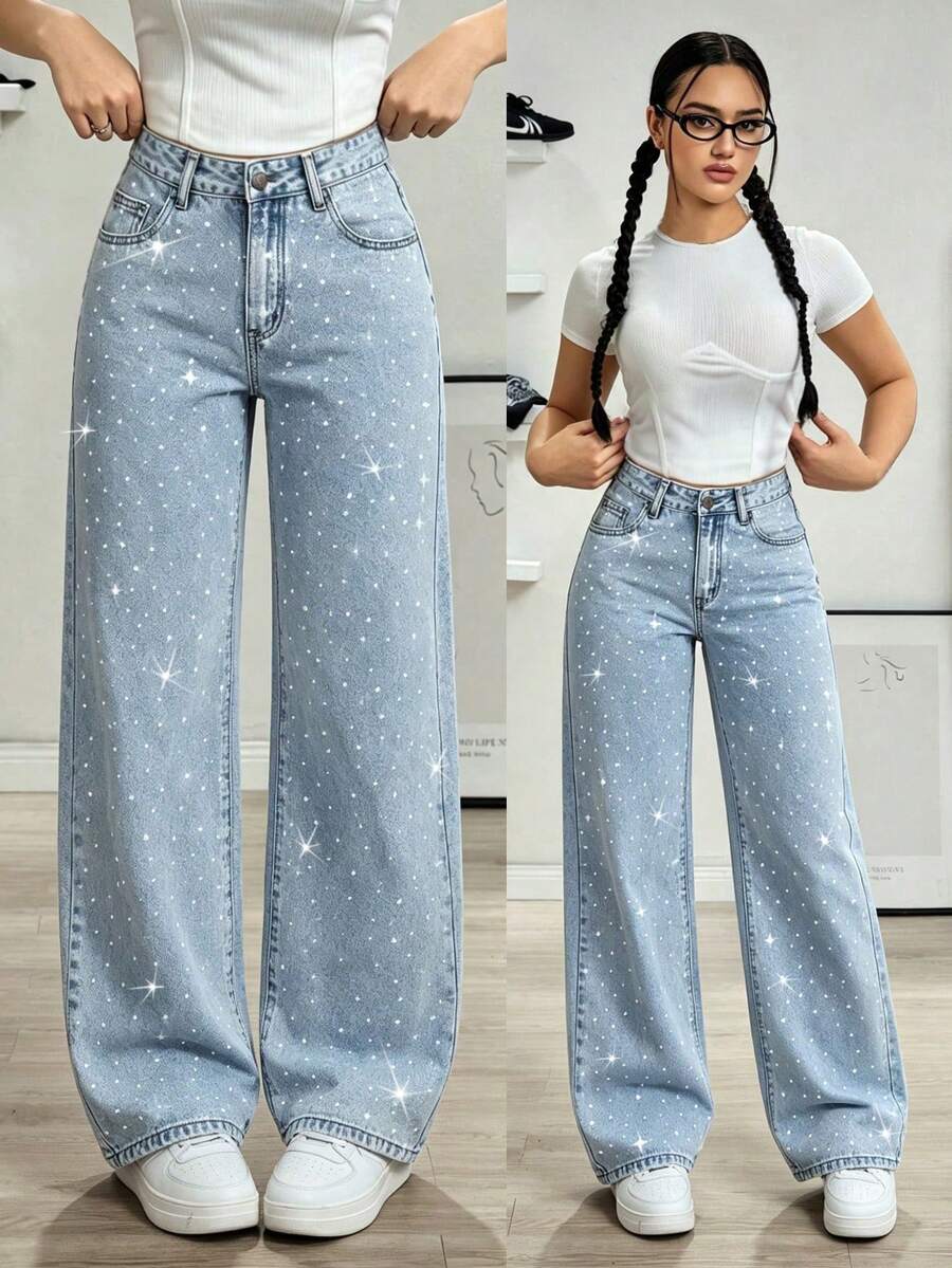 Teen Girl's Loose Fit Washed Wide Leg Pants With Rhinestone Embellishment, Casual Long Pants, Versatile For Daily Wear - Light Wash - View 1