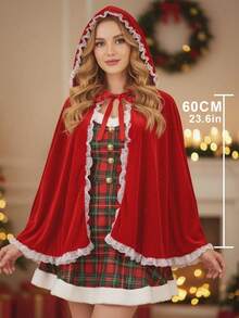 One Piece Of Lace Patchwork Hooded Cloak, Carnival, Christmas Performance Scarf. Halloween Party Cape. Cosplay. The Ideal Choice For Little Red Riding Hood. - Multicolor - View 2