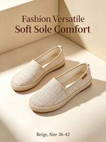 Women's Round Toe Straw Woven Fisherman Shoes, Soft Sole Linen Slip-On Shoes, Vintage Artistic Style, Daily Commute, Spring Autumn - Beige - View 1