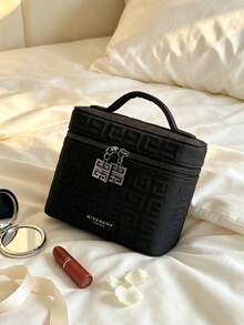 Embossed Large Capacity Cosmetic Bag, Portable Storage Bag For Skincare And Makeup, Scratch-Resistant And Wear-Resistant, Travel, Business Trip, Home Organization, Gift For Best Friend, Birthday, Holiday, Souvenir, GIVENCHY - Black - View 3