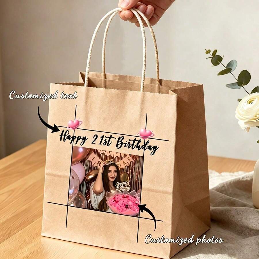 Customized Gift Bags, 18th Birthday Gift Bags, Made Of Thick Kraft Paper, Can Print Photos And Text, Suitable For Shopping, Christmas, Party, Wedding, School Events, Thanksgiving, Birthday And Other Occasions. - Camel - View 1